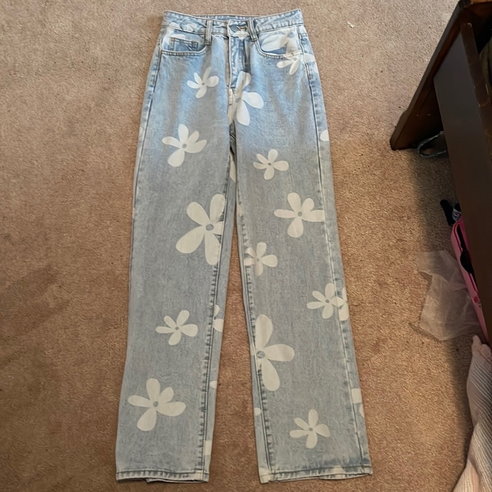flower wide leg high rise jeans